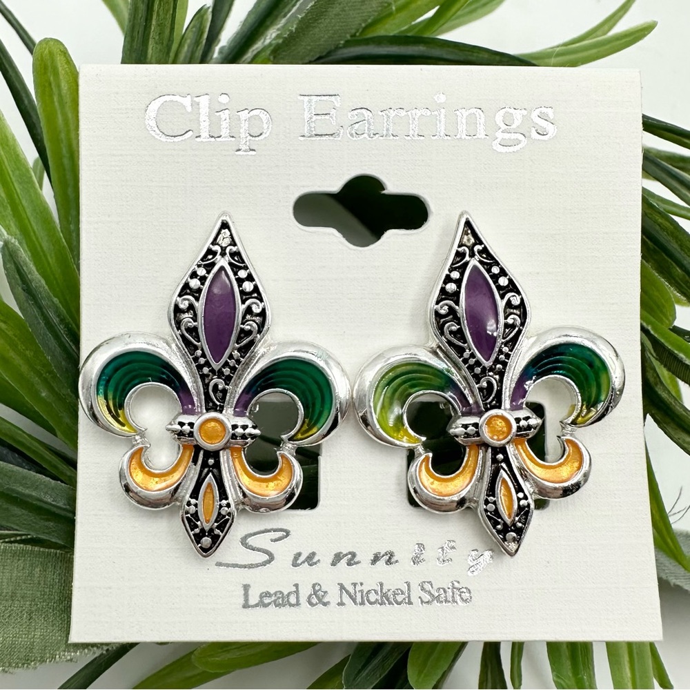 Fleur De Lis Mardi Gras Purple Green Yellow Clip On Earrings